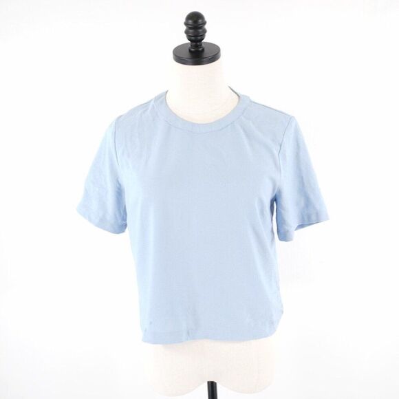 Forever 21 Crop Top Blouse Blue Crew Neck Short Sleeve Medium Polyester Back Zip - Picture 1 of 9